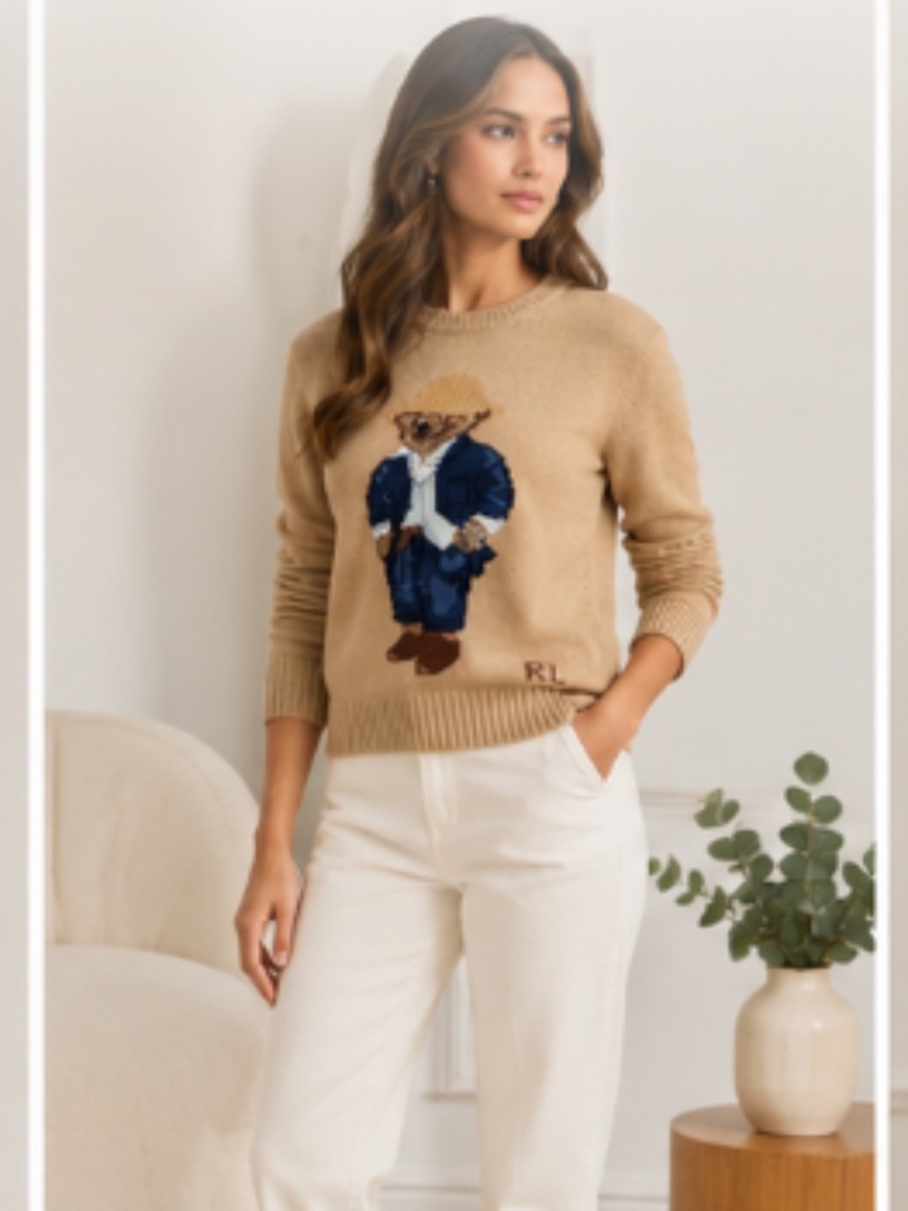 NWOT Polo Ralph Lauren Bear Rolled Neck Tan Cotton Sweater Size US XL - Picture 10 of 12